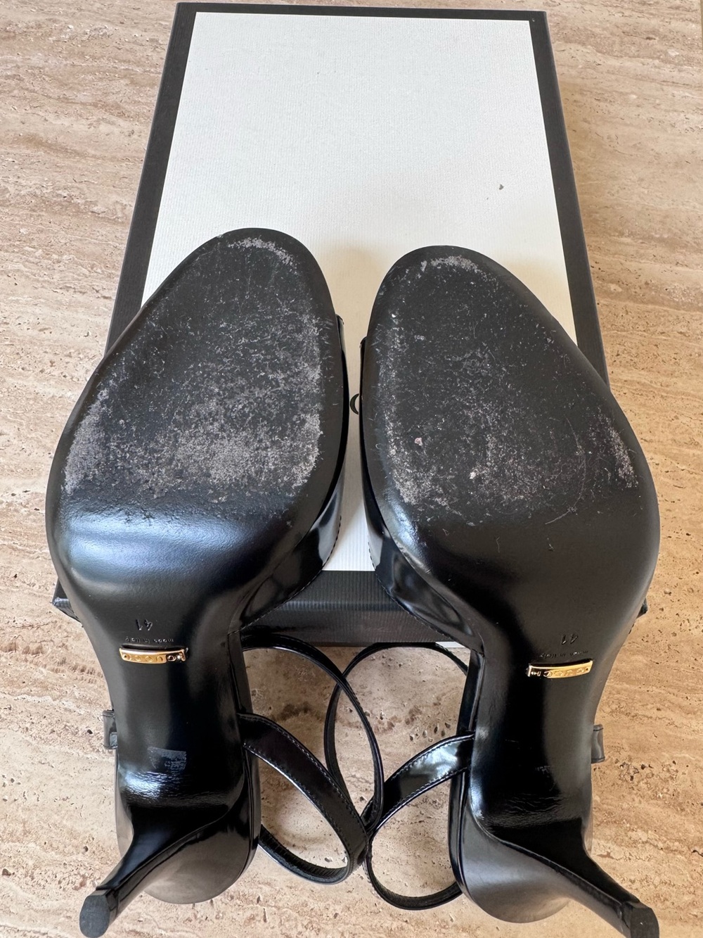 Gucci Black Patent Leather Ankle-Strap Open-Toe Heels - Picture 6 of 8